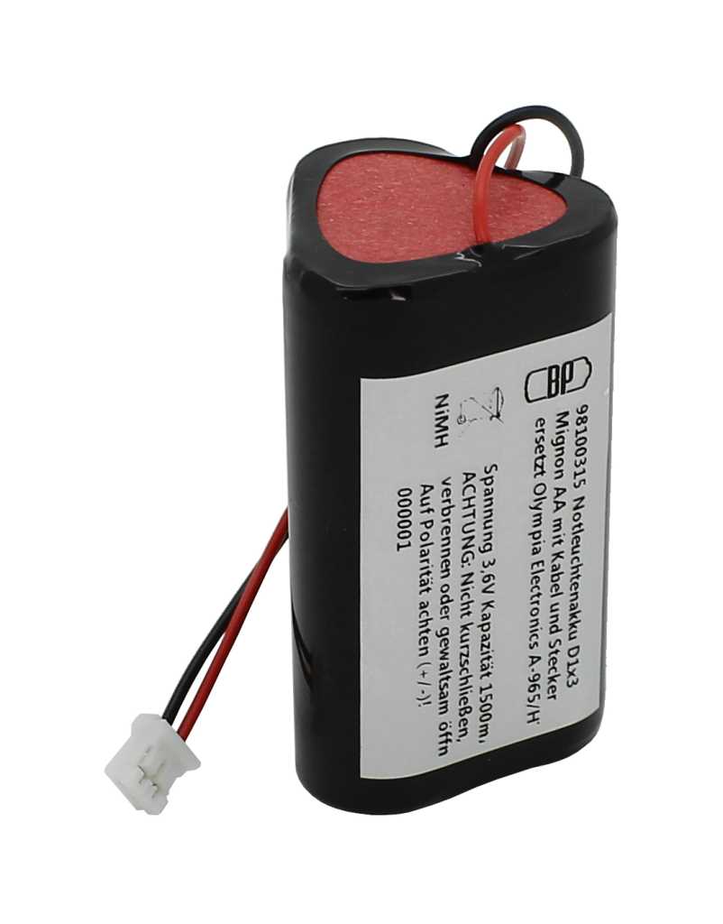 Bild von Notleuchtenakku NiMH 3,6V 1500mAh D1x3 Mignon AA mit 100mm Kabel und Stecker ersetzt Olympia Electronics A-965/HT